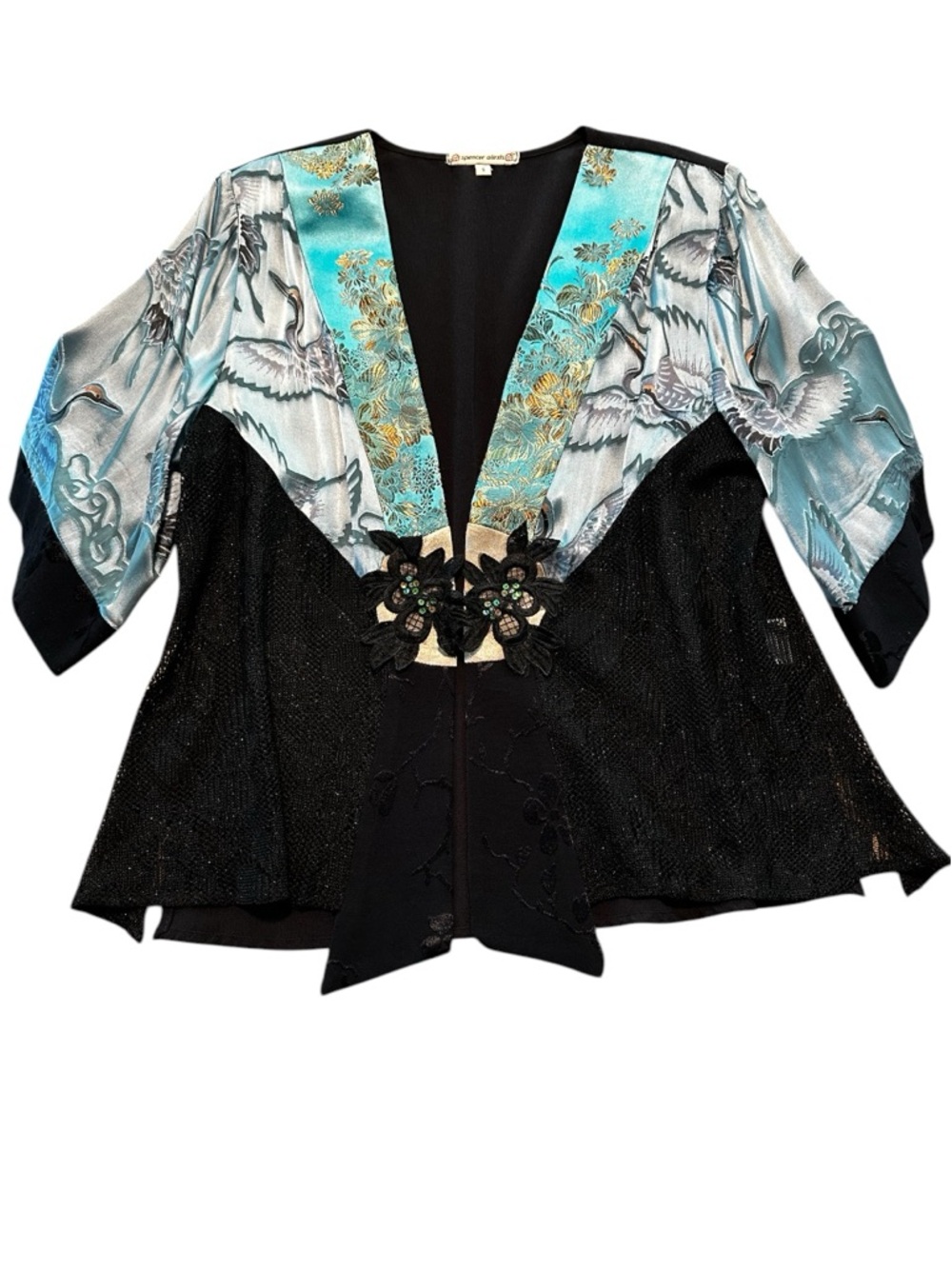 Vtg 90s Spencer Alexis Silk Blend Kimono Style Cropped Top S Floral Cranes FLAWS - Picture 15 of 17